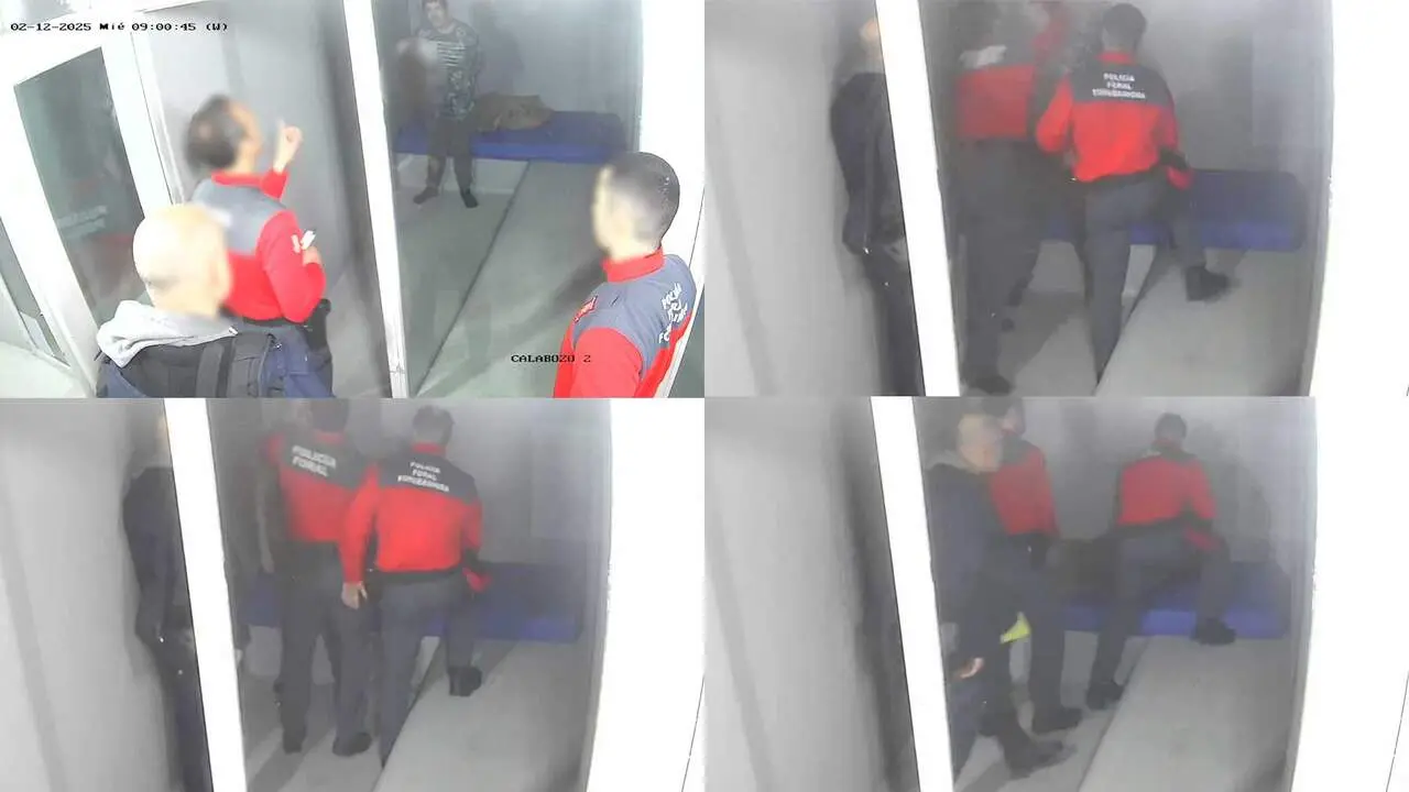 Cuatro fotogramas del video de la agresi&oacute;n de dos polic&iacute;as a un detenido en la comisar&iacute;a de la Polic&iacute;a Foral de Tudela