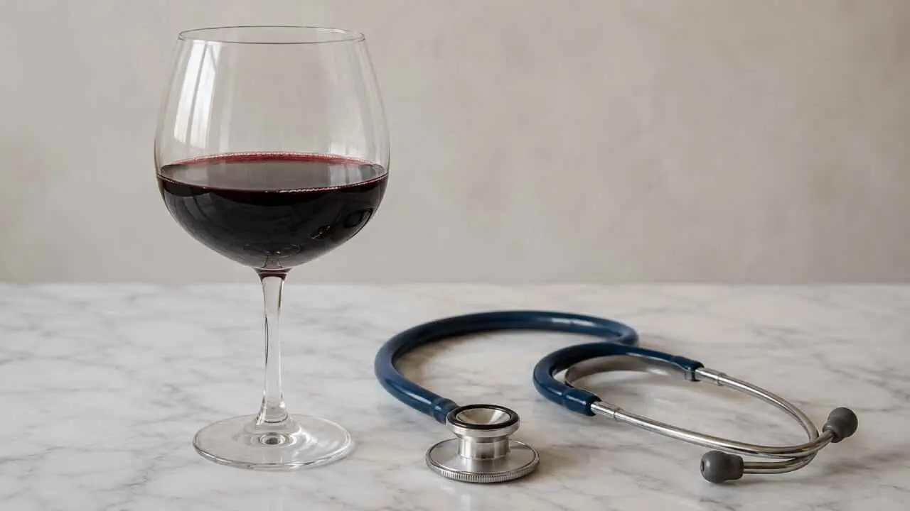 Una copa de vino junto a un fonendo.