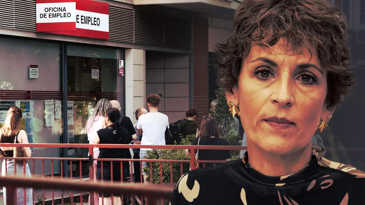 Fotomontaje con una imagen de la presidenta de Navarra, Mar&iacute;a Chivite sobre una vista de una oficina de empleo. NAVARRA.COM