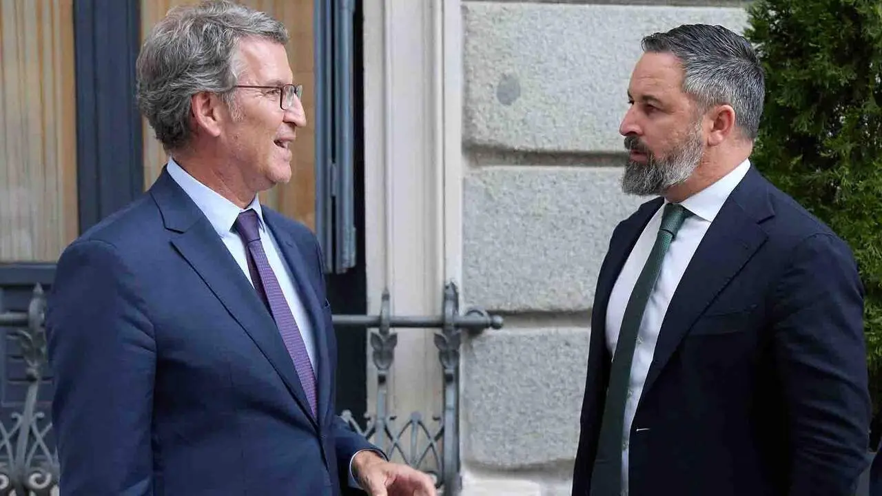 El presidente del PP, Alberto N&uacute;&ntilde;ez Feij&oacute;o conversa con el presidente de VOX, Santiago Abascal. Jes&uacute;s Hell&iacute;n / Europa Press