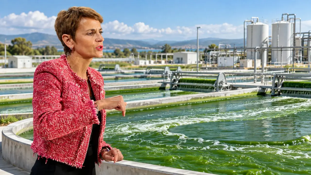 Fotomontaje de Mar&iacute;a Chivite sobre una imagen de una planta de microalgas.