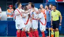 Los jugadores del Sevilla Atlético celebran su gol en El Sadar. La Liga.