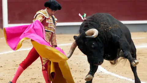 GRA311. MADRID, 29/05/2016.- El diestro Alberto Aguilar da un pase con el capote a su primer toro, durante la vigésima cuarta de la feria de San Isidro, hoy en la Monumental de Las Ventas, en la ha compartido cartel con Iván Vicente y Víctor Barrio, ante reses de la ganadería de Baltasar Ibán. EFE/J. J. Guillén