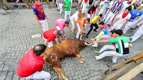 Caída de los Jandilla en el quinto encierro de los Sanfermines 2016 en Telefónica. ABEL CASTRO (7)