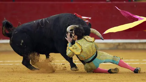 Padilla ha vuelto a ser cogido con un pitonazo en el ojo en la plaza de toros de Zaragoza, la misma zona y la misma plaza donde un toro le dejó tuerto y a punto estuvo de acabar con su vida. EFE