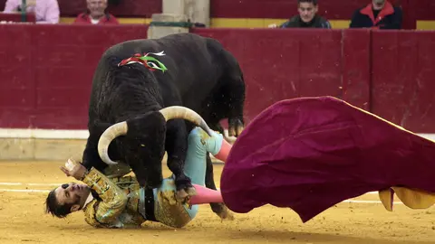 El diestro Juan José Padilla es cogido en la faena a su primer toro, de la ganadería Núñez del Cuvillo, durante la corrida de la Feria del Pilar de Zaragoza, celebrada en el coso de La Misericordia, en la que ha compartido cartel con Morante de la Puebla y Alejandro Talavante. EFE/Javier Cebollada