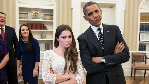 Nov. 15, 2012
"The President had just met with the U.S. Olympics gymnastics team, who because of a previous commitment had missed the ceremony earlier in the year with the entire U.S. Olympic team. The President suggested to McKayla Maroney that they recreate her 'not impressed' photograph before they departed." 
(Official White House Photo by Pete Souza)

This official White House photograph is being made available only for publication by news organizations and/or for personal use printing by the subject(s) of the photograph. The photograph may not be manipulated in any way and may not be used in commercial or political materials, advertisements, emails, products, promotions that in any way suggests approval or endorsement of the President, the First Family, or the White House.