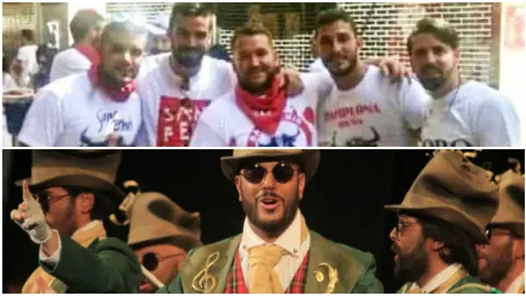 Arriba, los detenidos por la presunta violación de San Fermín. Abajo, los integrantes de la comparsa de Cádiz.