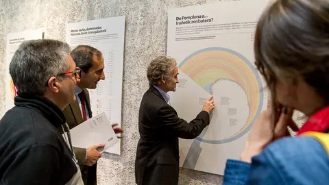 La concejala pamplonesa de Cultura, Maider Beloki, el presidente de la Mancomunidad de la Comarca de Pamplona, Aritz Ayesa, el rector de la Universidad de Navarra, Alfonso Sánchez Tabernero, y el comisario de la muestra, Javier Errea, presentan las exposiciones "Pamplona infográfica" y "Mancomunidad infográfica" que permanecerán abiertas hasta el 1 de abril. Palacio del Condestable. IÑIGO ALZUGARAY