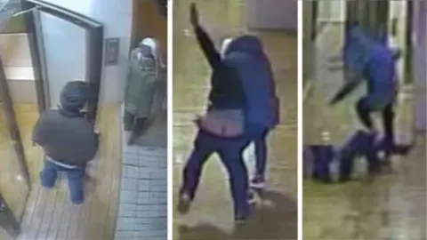 Varias secuencias de las imágenes captadas en el portal de la agresión. POLICÍA MUNICIPAL