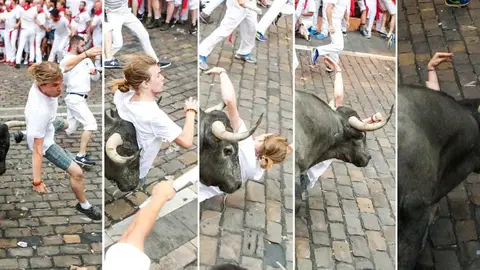 La secuencia de la grave cocgida en el brazo a un joven en el encierro de los toros de José Escolar. JAVIER MARTINEZ DE LA PUENTE