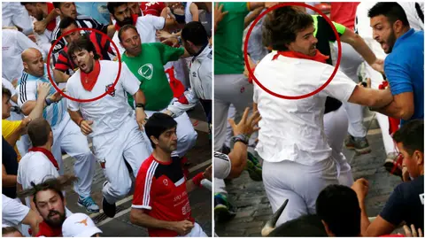 El popular corredor Sergio Colás ha sido corneado en el encierro del 13 de julio de 2017.