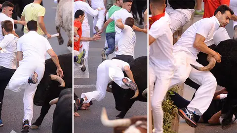 Secuencia del momento de tensión del exjugador rojillo, César Cruchaga, en el encierro de Tudela. MIGUEL OSÉS