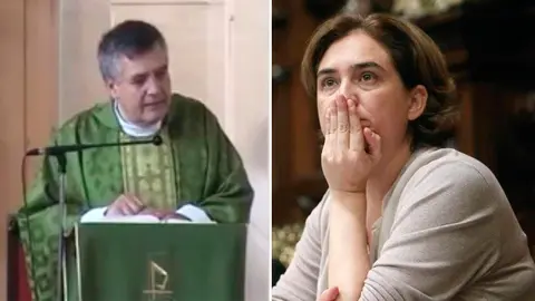 A la izquierda el párroco madrileño y, a la derecha, la alcaldesa de Barcelona, Ada Colau.