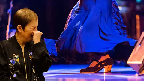 Fotomontaje de Uxue Barkos riéndose y, al fondo, un espectáculo del Flamenco On Fire en Pamplona