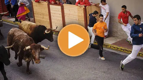 Un corneado de gravedad en el último encierro de novillos de Peralta