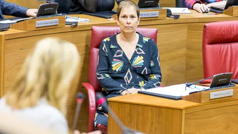Ana Beltrán reprocha a Barkos en el Parlamento sus políticas sobre las víctimas del terrorismo. IÑIGO ALZUGARAY