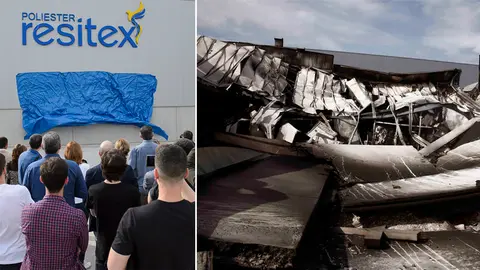 La inauguración de las instalaciones de Poliéster Resitex junto con las antiguas instalaciones, derruidas tras el incendio del pasado año. PABLO LASAOSA  EFE