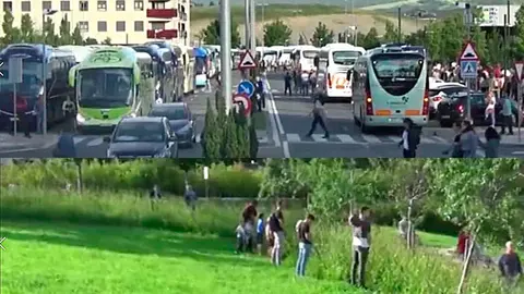 Arriba, imagen de varios autobuses que llegan para apoyar a los agresores de Alsasua y, abajo, varias personas mean tras descender de los vehículos NAVARRA RESISTE