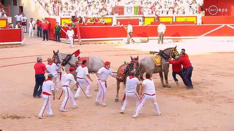 Una mulilla la lía al recoger al segundo de los toros de la quinta corrida de Feria, con ganadería de Núñez del Cuvillo CANAL +