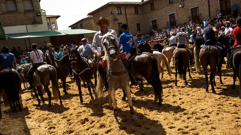 Jinetes a caballo acompañan a toros por el campo y las calles de Larraga durante su día grande en 2018. PABLO LASAOSA 08