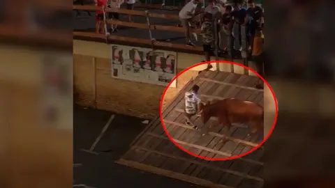 Momento en el que la vaca coge y zarandea a un joven en un festejo popular de Noáin.