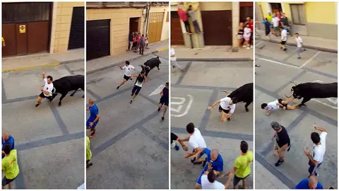 El corredor pamplonés Sergio Colás sufre un susto en el toro con soga de Lodosa.