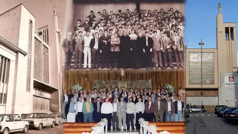 La promoción de alumnos graduados en el Colegio Salesianos de Pamplona en 1969, junto a la reunión del 25 aniversario celebrada en 1994 y la imagen actual de la fachada de la iglesia del centro que será derribado tras finalizar el presente curso. FOTOS CEDIDAS