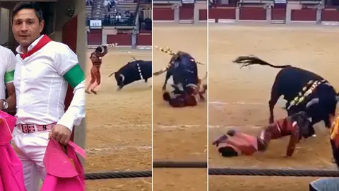 El doblador del encierro de San Fermín, Manolo de los Reyes, sufre una aparatosa cogida en una novillada en Zaragoza TWITTER (5)