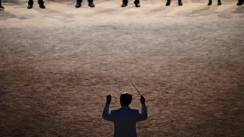 Actuación de multiples bandas de musica en la plaza de toros de Pamplona en el centenario de La Pamplonesa. MIGUEL OSES