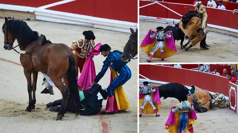 Un alguacilillo y un picador terminan desmontados en el arranque de la novillada de la Feria del Toro de Sanfermines MIGUEL OSÉS