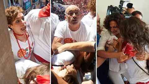 Algunos de los momentos tensos que se han vivido en el interior del Ayuntamiento de Pamplona entre los miembros de Bildu y Geroa Bai y la Policía Municipal. MIGUEL OSÉS