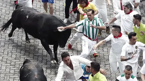 Los toros de la ganadería gaditana de Cebada Gago a su paso por el callejón durante el segundo encierro de los Sanfermines 2019. EFE/Jesús Diges