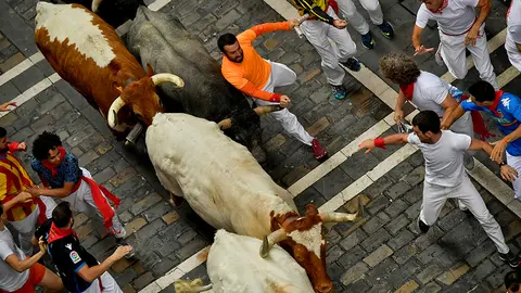Revellers sprint near bulls and steers during the running of the bulls at the San Fermin festival in Pamplona, Spain, July 9, 2019.  