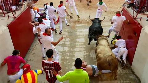 Sexto encierro de las fiestas de San Fermín 2019 con toros de Núñez del Cuvillo en el callejón. PABLO LASAOSA 12