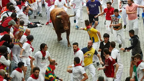 Último encierro de las fiestas de San Fermín 2019 con la ganadería de Miura en el tramo de la bajada al callejón. MIGULE OSÉS