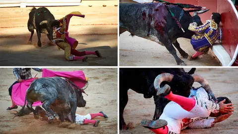 Montaje con las imágenes de los sustos de Juan Leal y Octavio Chacó y la cogida de Rafaelillo en la última corrida de los Sanfermines 2019 MIGUEL OSÉS VILLAR LÓPEZ