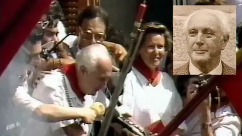 José Javier Gortari, en el momento de lanzar el Chupinazo en 1987 y en una imagen de su época como concejal. 