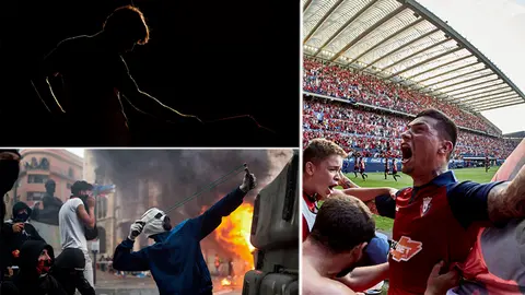 Montaje con las imágenes delos fotógrafos de Navarra.com, Pablo Lasaoa (arriba), Miguel Osés (abajo) e Iñigo Alzugaray (derecha), que participan en la exposición.