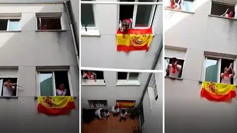 Recreación del octavo 'encierro' de San Fermin durante el confinamiento decretado por el coronavirus en una comunidad de vecinos. NAVARRACOM