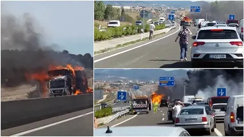 Un camión de paja arde en la autovía del Camino que une Pamplona con Estella en el término municipal de Astráin en sentido Pamplona, muy cerca de Zizur Mayor. CEDIDA