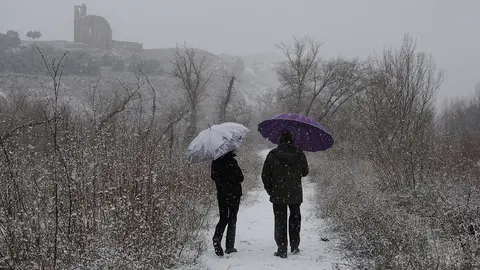 Imágenes de Caparroso nevado este sábado tras la llegada de 'Filomena' a una comunidad Foral en alerta máxima, y con todos los recursos movilizados, por el temporal. AMAYA LUQUI