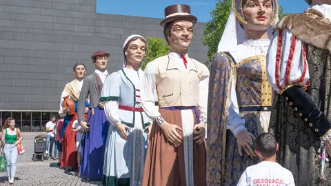Comparsas de gigantes de diferentes localidades Navarra bailan por las calles del casco antiguo de Pamplona para celebrar el Día Nacional del Celiaco y el 40 Aniversario de la Asociación de Celiacos de Navarra. IRAITZ IRIARTE.