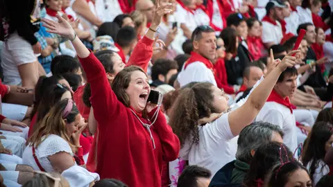Cuarto encierro de San Fermín 2022 a 10 de Julio en la Plaza de Toros de Pamplona con toros de la ganadería La Palmosilla. IRAITZ IRIARTE.