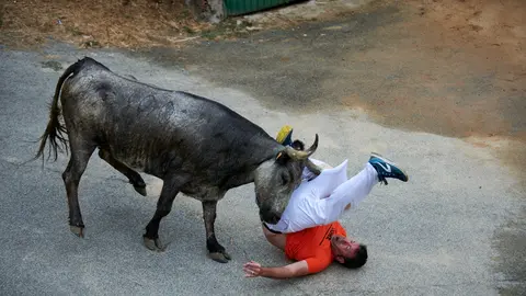 La vaca dio un susto tremendo a este mozo en el tercer encierro del Pilón de Falces. IRANZU LARRASOAÑA