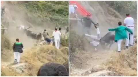 Una vaca se ceba en el Pilón de Falces y cornea a varios corredores.