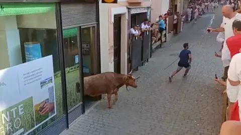 Una vaquilla se cuela en una sucursal de La Caixa durante el encierro de Lerín. NAVARRA.COM
