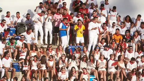 Novillada de Sobral para los novilleros Francisco Expósito, Jaime González Écija y Arturo Gilio durante las fiestas de Peralta 2022. PABLO LASAOSA