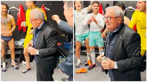 Luis Sabalza, en el vestuario de Osasuna tras llegar a la final de Copa del Rey en Bilbao.