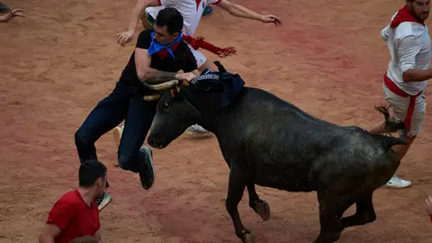 Vaquillas en la plaza de toros tras el tercer encierro de San Fermín. IRANZU LARRASOAÑA
